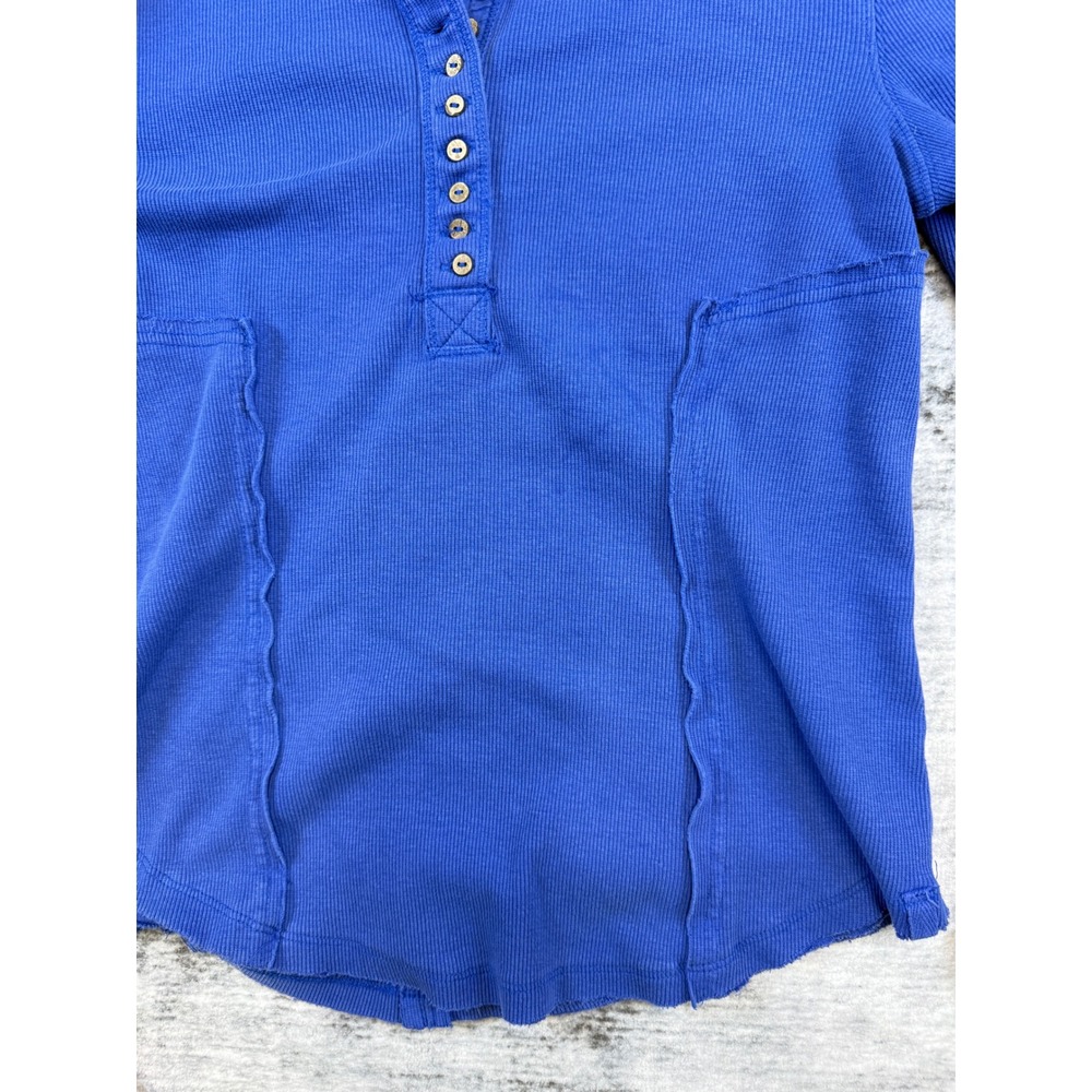 DIY We The Free Free People Blue Henley Thermal Waffle Knit Long Sleeve Top L - Picture 5 of 9